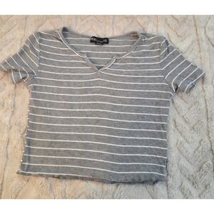 SWS Essentials Grey White Striped Ribbed Notch Neck Lettuce Hem Crop Top Small